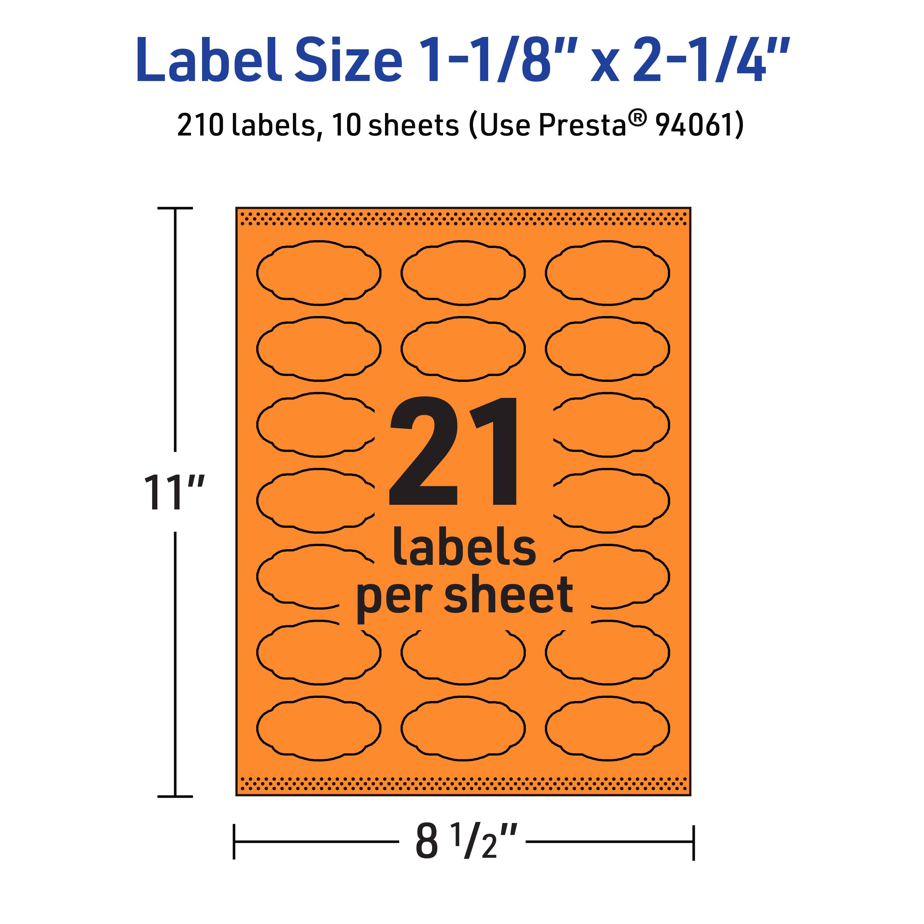 Label Size 1-1/8" x 2-1/4"  
210 labels, 10 sheets (Use Presta® 94061)  
11" x 8 1/2"  
21 labels per sheet