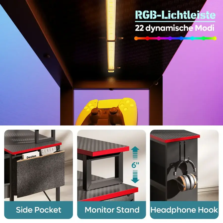 RGB-Lichtleiste 22 dynamische Modi S CEREAL Desian 6" Side Pocket Monitor Stand Headphone Hook