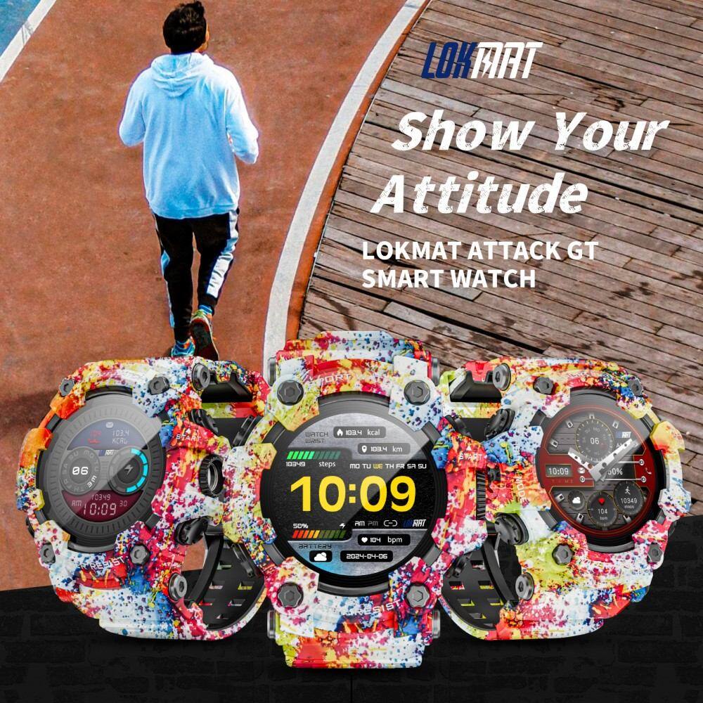 LOKMAT Show Your Attitude  
LOKMAT ATTACK GT SMART WATCH  

103 Kcal  
0349 AT 10:09  
GATCH 2 kcal  
EN km 12-9 steps  
TU -E TH FIR s Su 10:09  
S0% PM PM  
RRI C 10:09  
- 06 0 0% 9  
10349 104 D  
REEST 124 bpm  
IT 2024-04-06