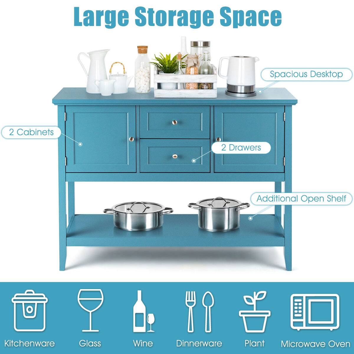 Large Storage Space

- Spacious Desktop
- 2 Cabinets
- 2 Drawers
- Additional Open Shelf

Icons:
- Kitchenware
- Glass
- Wine
- Dinnerware
- Plant
- Microwave Oven