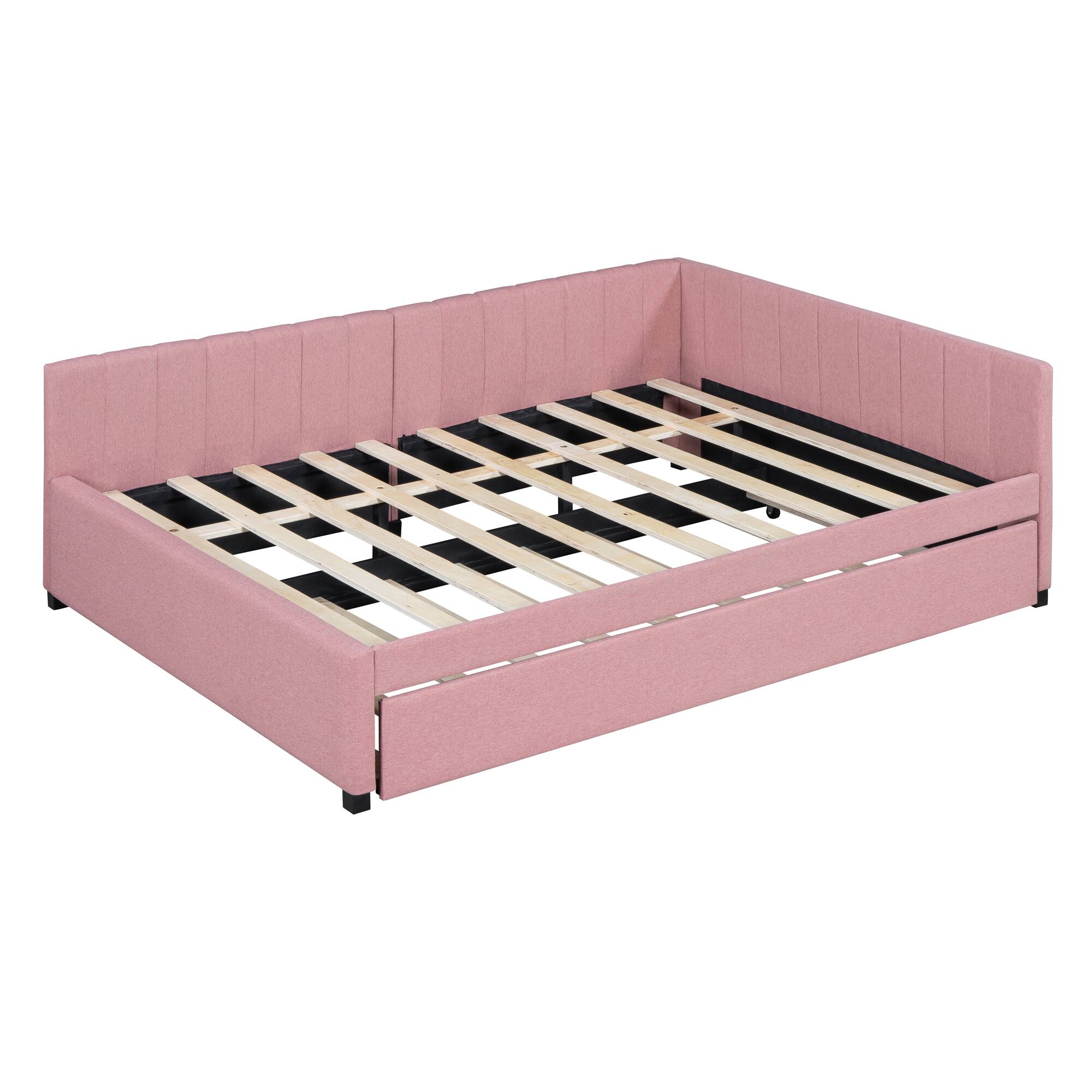 Alt View 5. Tiramisubest - Full Size Upholstered Daybed with Trundle Sofa Bed Frame No Box Spring Needed, Linen Fabric(Pink) - Pink.
