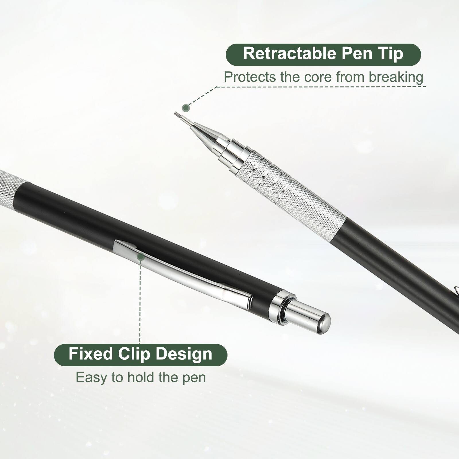 Retractable Pen Tip  
Protects the core from breaking  

Fixed Clip Design  
Easy to hold the pen