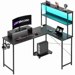 AWPLAY - 53 IN Reversible L-Shaped Gaming Desk with LED Lights, Power Outlets Computer Desk with Hooks and Cup Holder - Black