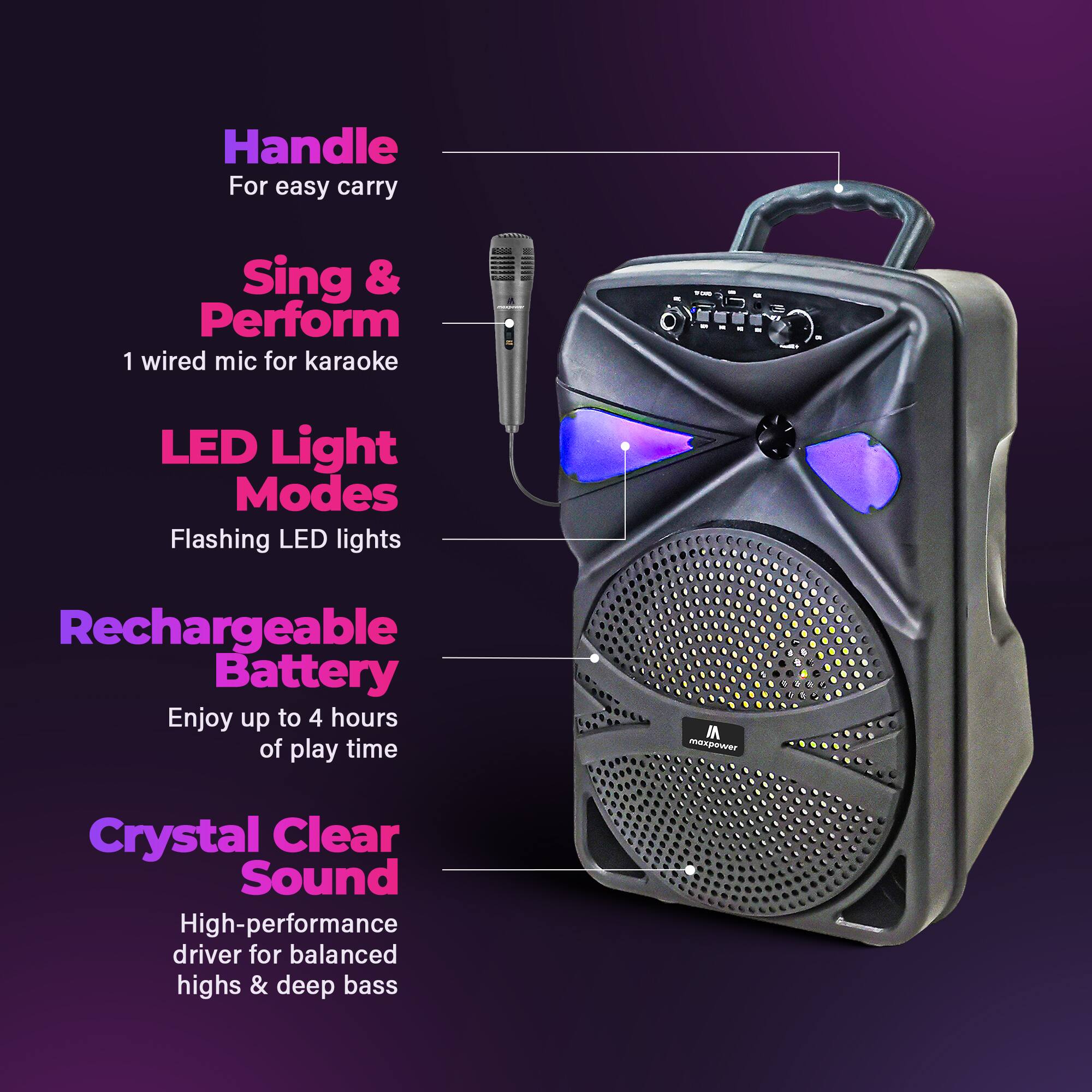 Handle For easy carry  
Sing & Perform  
1 wired mic for karaoke  
LED Light Modes  
Flashing LED lights  
Rechargeable Battery  
Enjoy up to 4 hours of play time  
Crystal Clear Sound  
High-performance driver for balanced highs & deep bass