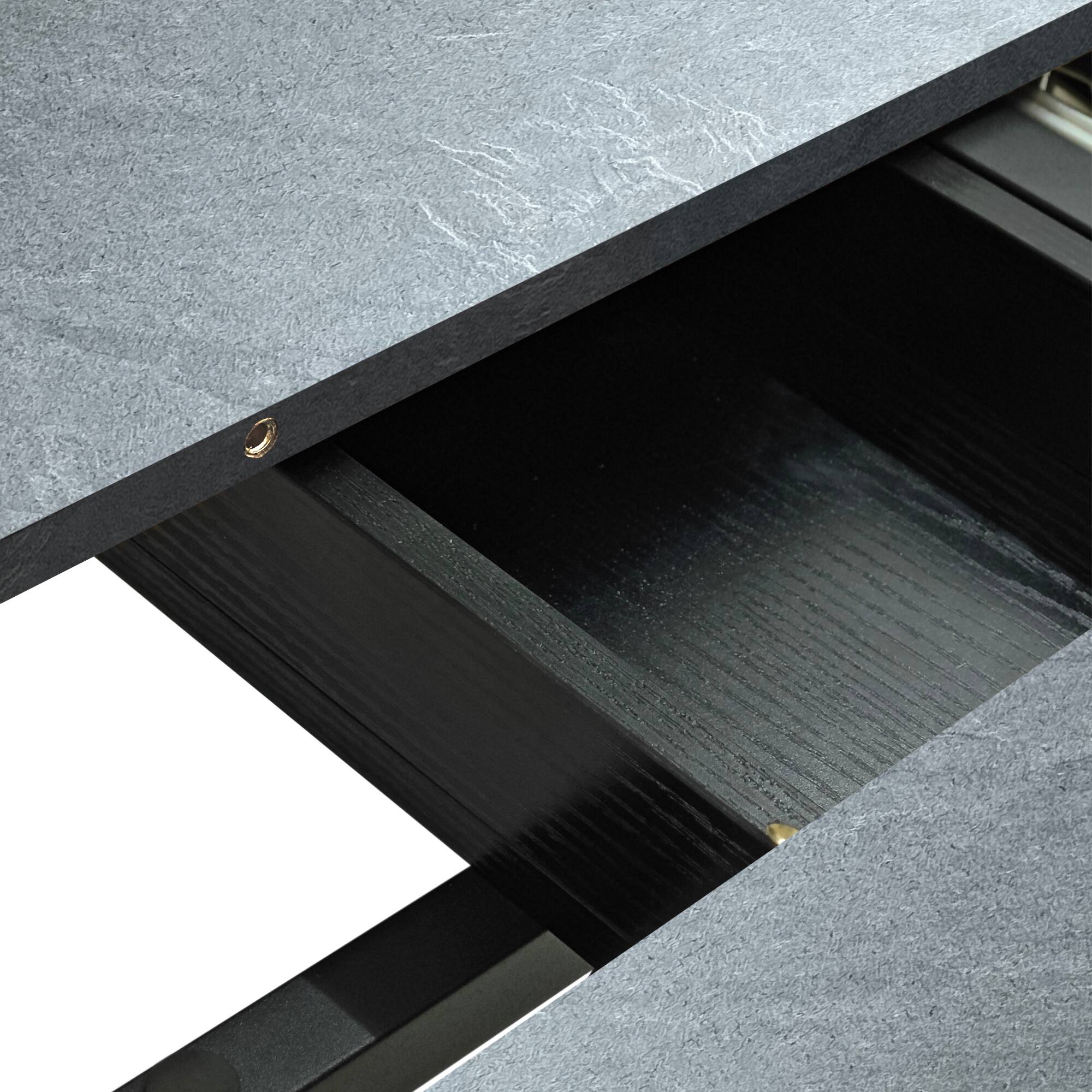 Alt View 5. Tiramisubest - Retro Rectangular Stretch Dining Table with Storage Box,Dark Grey stone Top And Black Relief Plate,Iron Foot Base - DARK GREY.