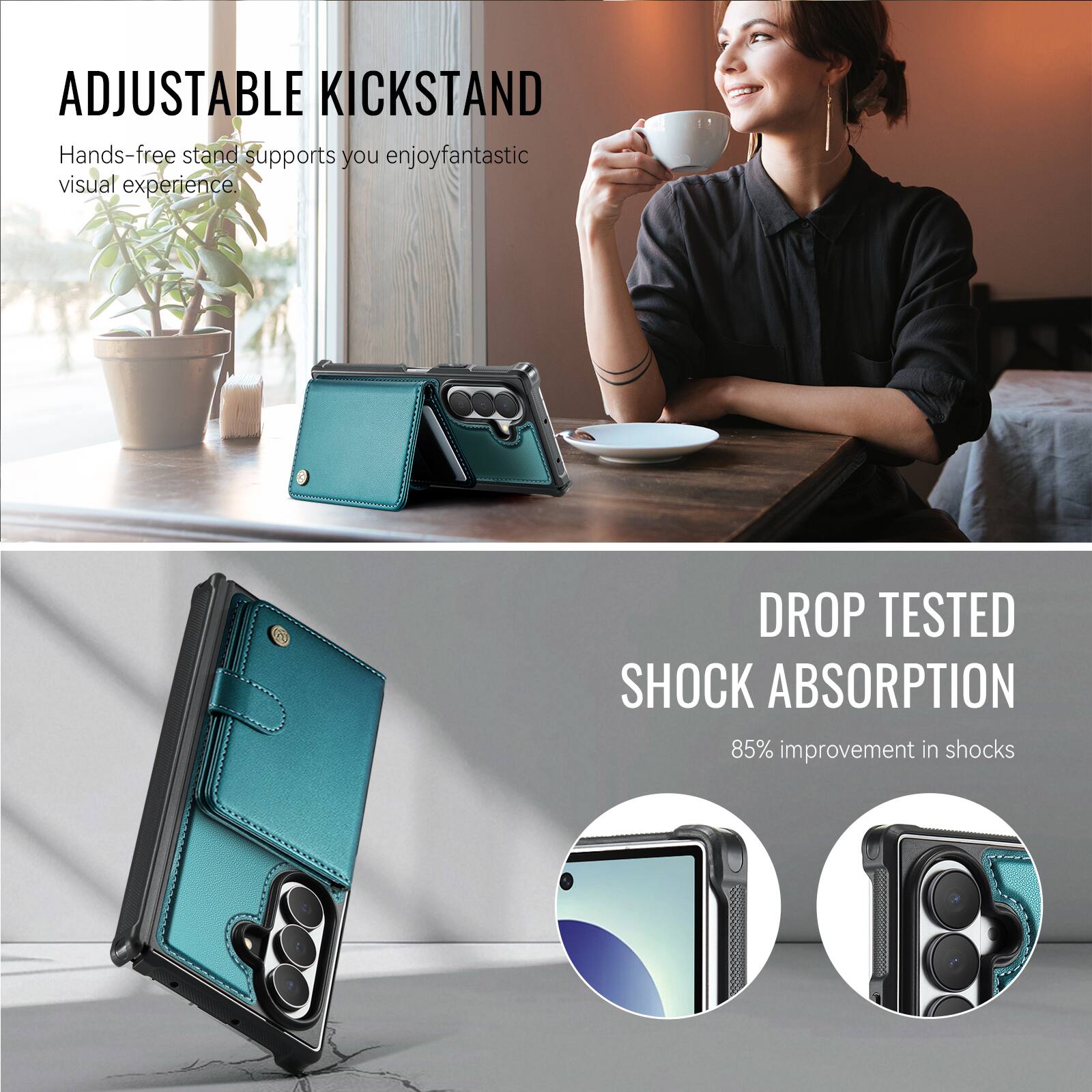 ADJUSTABLE KICKSTAND  
Hands-free stand supports you enjoy fantastic visual experience.

DROP TESTED SHOCK ABSORPTION  
85% improvement in shocks