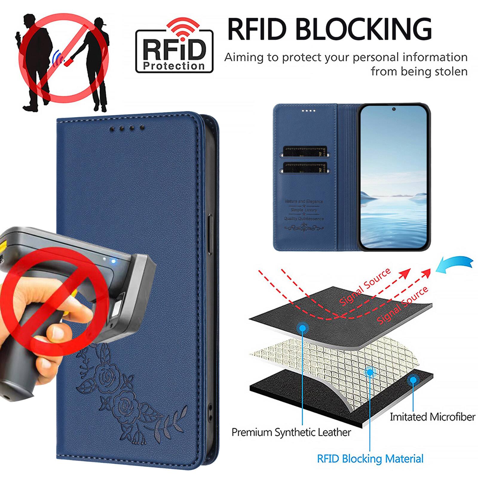 RFID BLOCKING  
Aiming to protect your personal information from being stolen  

Nature and Elegance  
Simple Luxury  
Quality Quintessence  

Signal Source  
Signal Source  

Premium Synthetic Leather  
Imitated Microfiber  
RFID Blocking Material
