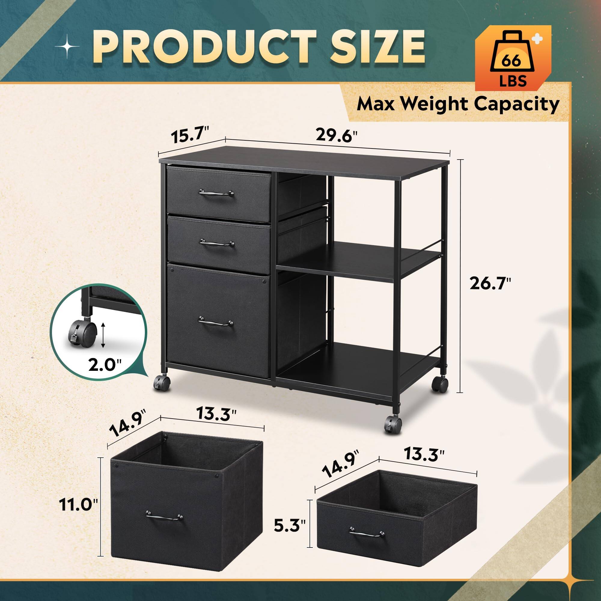 - PRODUCT SIZE
  - Max Weight Capacity: 66 LBS
  - Dimensions:
    - 15.7" (width)
    - 29.6" (height)
    - 26.7" (depth)
    - 14.9" (drawer height)
    - 13.3" (drawer width)
    - 11.0" (drawer depth)
    - 5.3" (drawer front depth)
    - 2.0" (caster height)