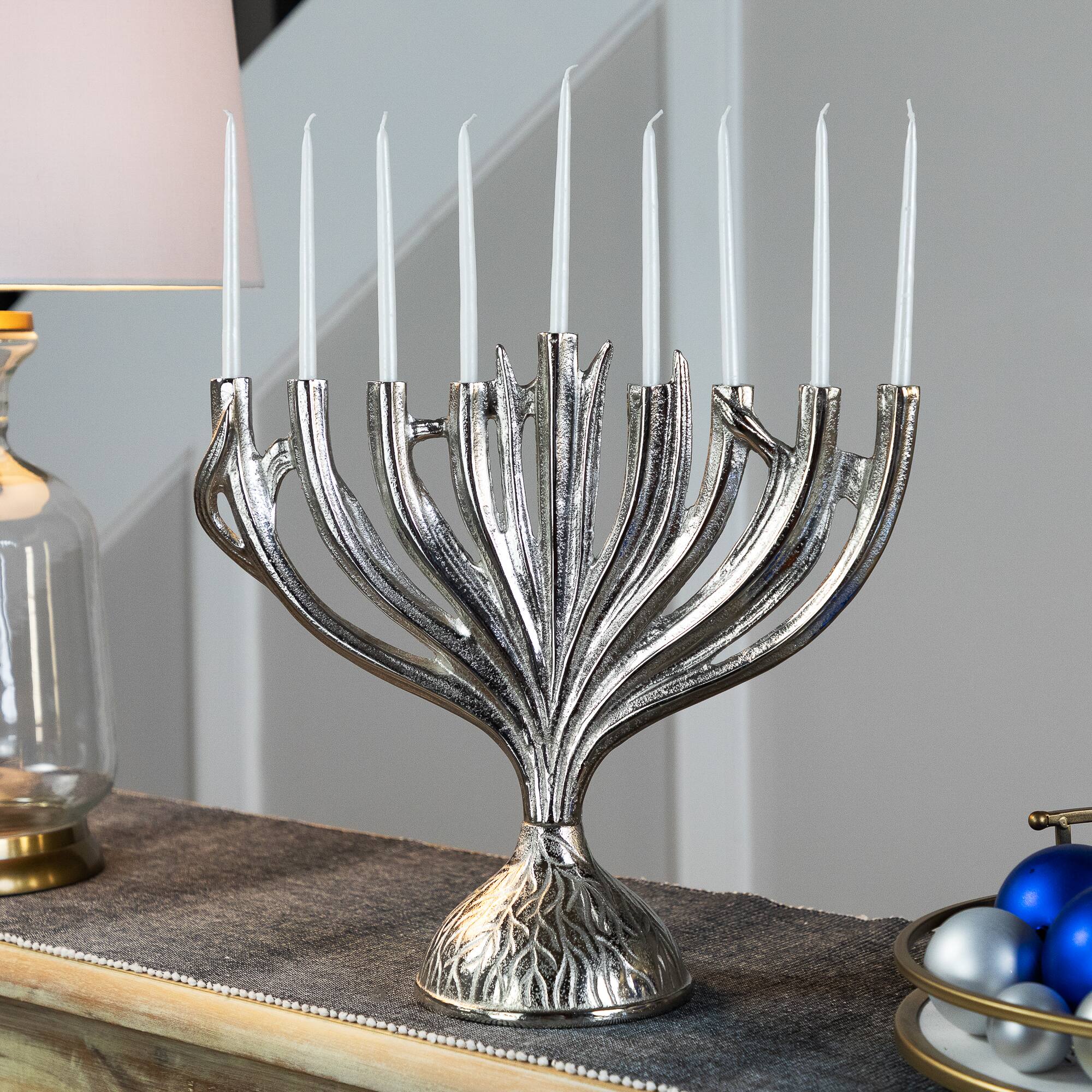 Front. Northlight - Textured Tree Branch Textured Metal Hanukkah Menorah - 15.5" - Nickle Silver - Silver.