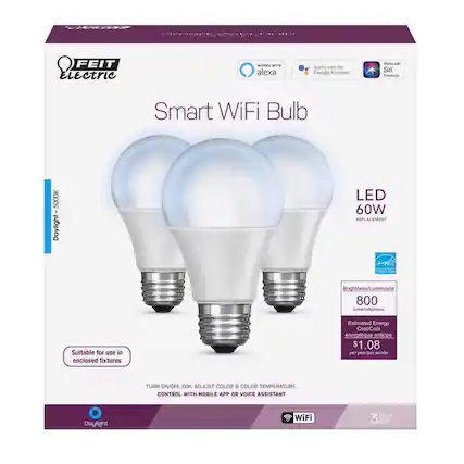 FEIT Electric Smart WiFi Bulb
- Works with Alexa, Google Assistant, and Siri Shortcuts
- LED 60W Replacement
- 5000K Daylight
- 800 lumens
- Suitable for use in enclosed fixtures
- Estimated Energy Cost: $1.08 per year
- Turn on/off, dim, adjust color, and color temperature control with mobile app or voice assistant
- WiFi Pack
- 3 Pack A19