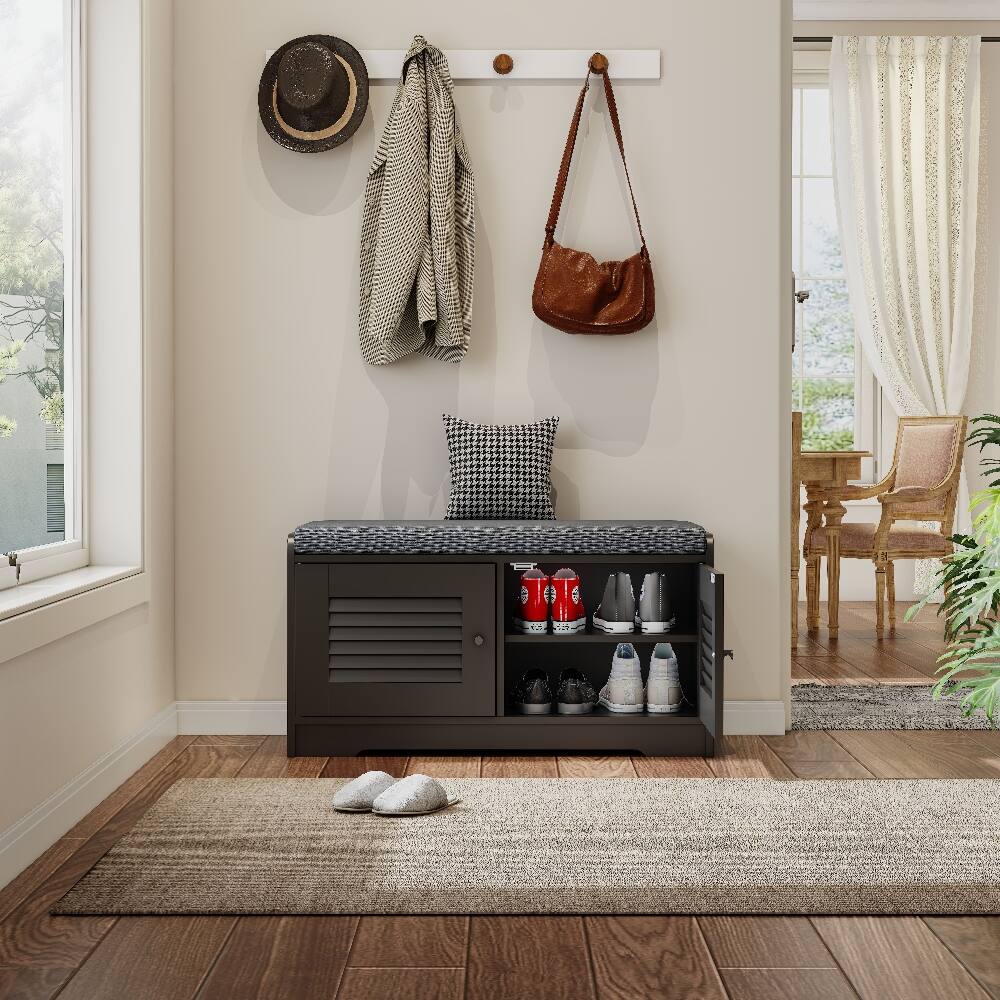 Alt View 3. Loheer - Loheer black shoe storage bench, 28.74 inch entryway bench with cushion and louvered doors - Black.