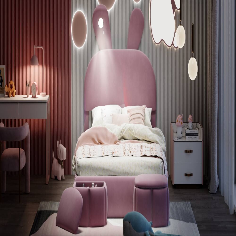 Alt View 9. Loheer - Loheer Full Size Platform Bed Pink Upholstered Cartoon Ears Headboard Kids Velvet Bed with LED Light - Pink.