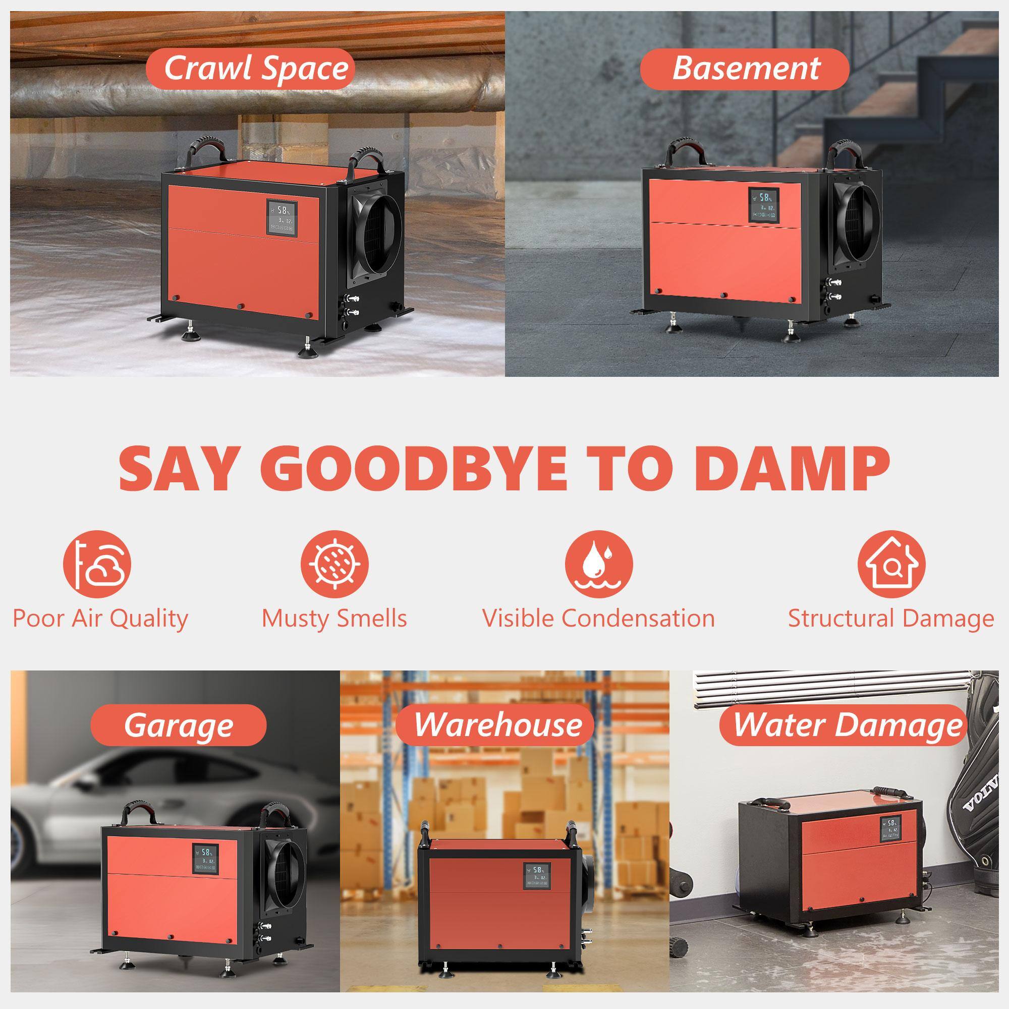 Crawl Space  
Basement  

SAY GOODBYE TO DAMP  

Poor Air Quality  
Musty Smells  
Visible Condensation  
Structural Damage  

Garage  
Warehouse  
Water Damage