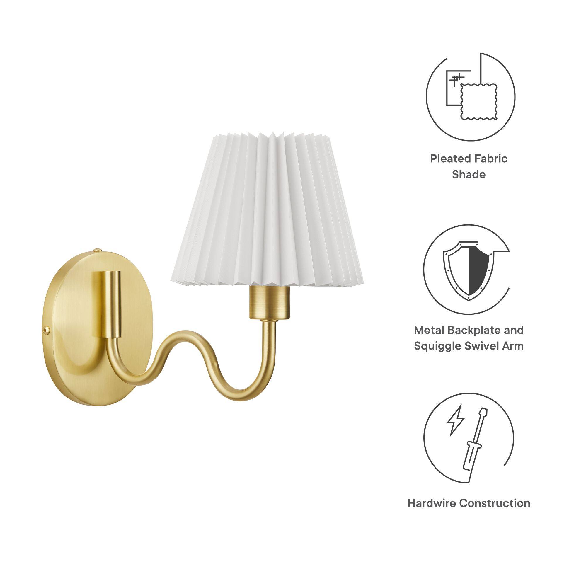 - Pleated Fabric Shade
- Metal Backplate and Squiggle Swivel Arm
- Hardwire Construction