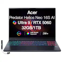 Acer - Upgraded - Predator Helios Neo 16S AI Laptop 16" WQXGA (Intel Ultra 9- 275HX, RTX 5060, 32GB DDR5, 1TB SSD, Win11P) w/USB Hub - Obsidian Black