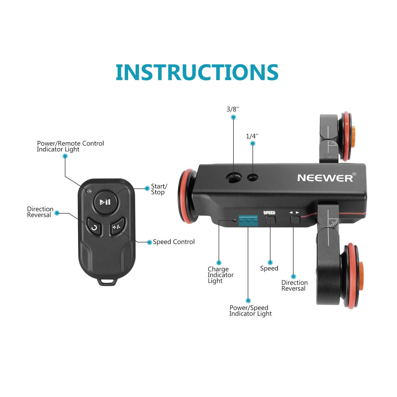 INSTRUCTIONS

- 3/8" Power/Remote Control Indicator Light
- 1/4" Direction Reversal
- Start/Stop
- Speed Control
- Charge Indicator Light
- Speed Direction Reversal
- Power/Speed Indicator Light