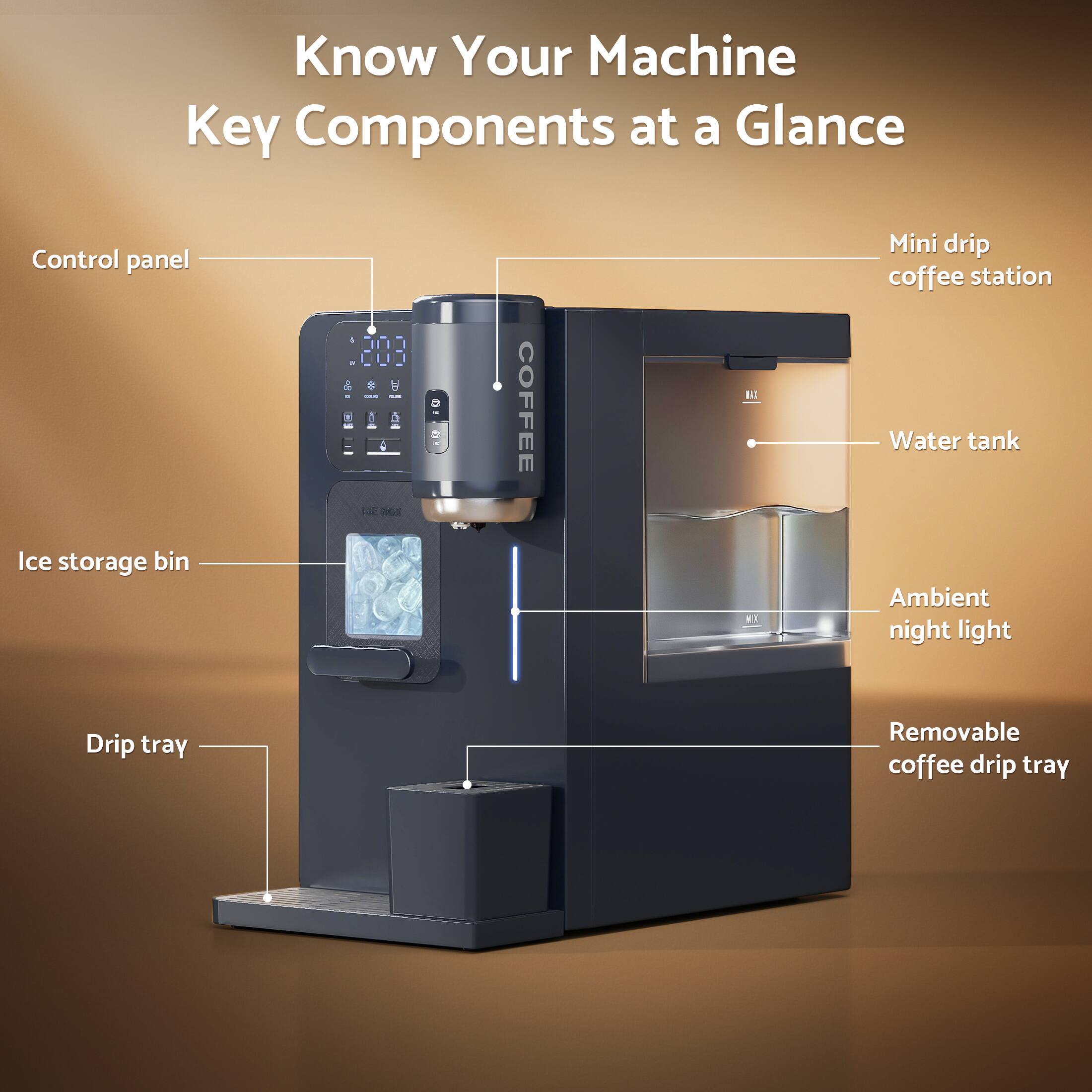 Know Your Machine Key Components at a Glance

- Control panel
- Ice storage bin
- Mini drip coffee station
- Water tank
- Ambient night light
- Drip tray
- Removable coffee drip tray