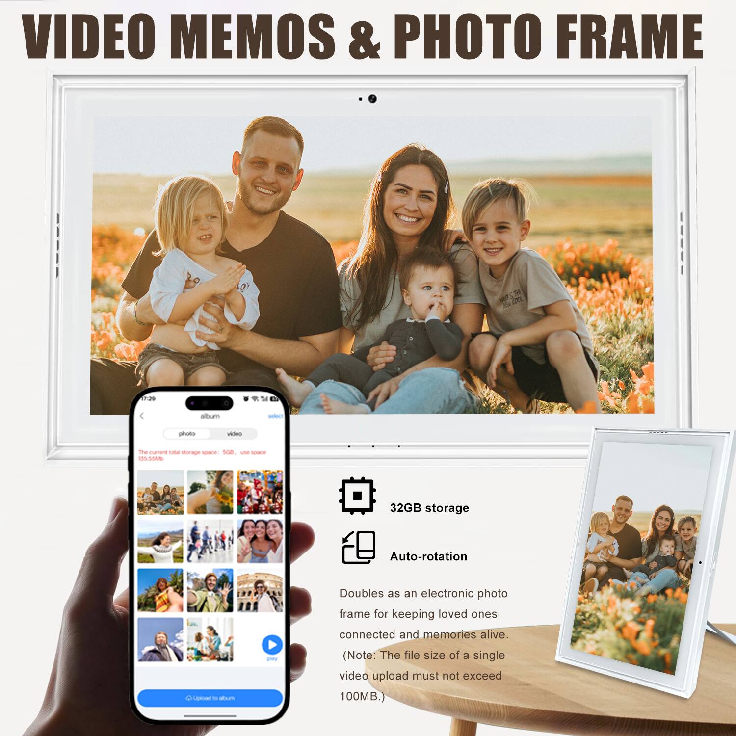 VIDEO MEMOS & PHOTO FRAME

- 32GB storage
- Auto-rotation
- Doubles as an electronic photo frame for keeping loved ones connected and memories alive.
- (Note: The file size of a single video upload must not exceed 100MB.)