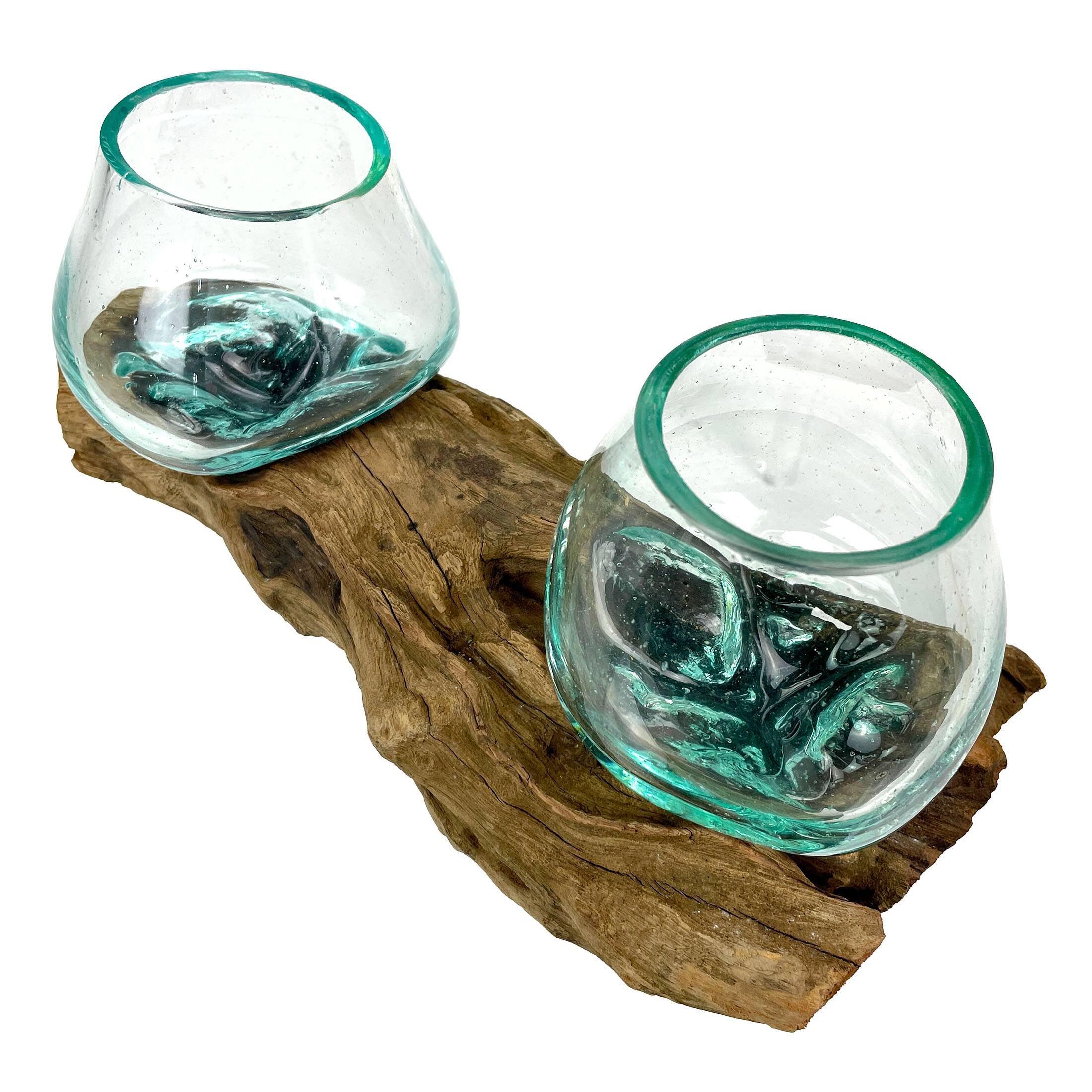 Alt View 2. Things2Die4 - 10.5" Double Molten Glass Bowls on Driftwood Hand Blown Planter Terrarium Decor - Natural.