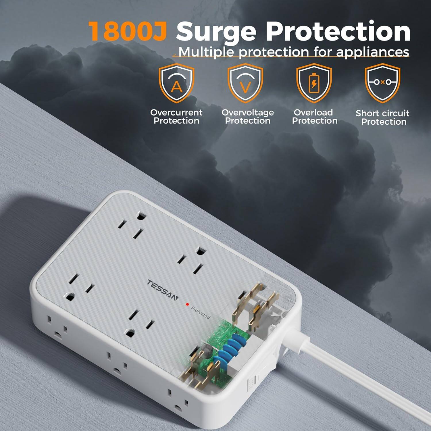 1800J Surge Protection  
Multiple protection for appliances  
- Overcurrent Protection  
- Overvoltage Protection  
- Overload Protection  
- Short circuit Protection  

TESSAN Protected