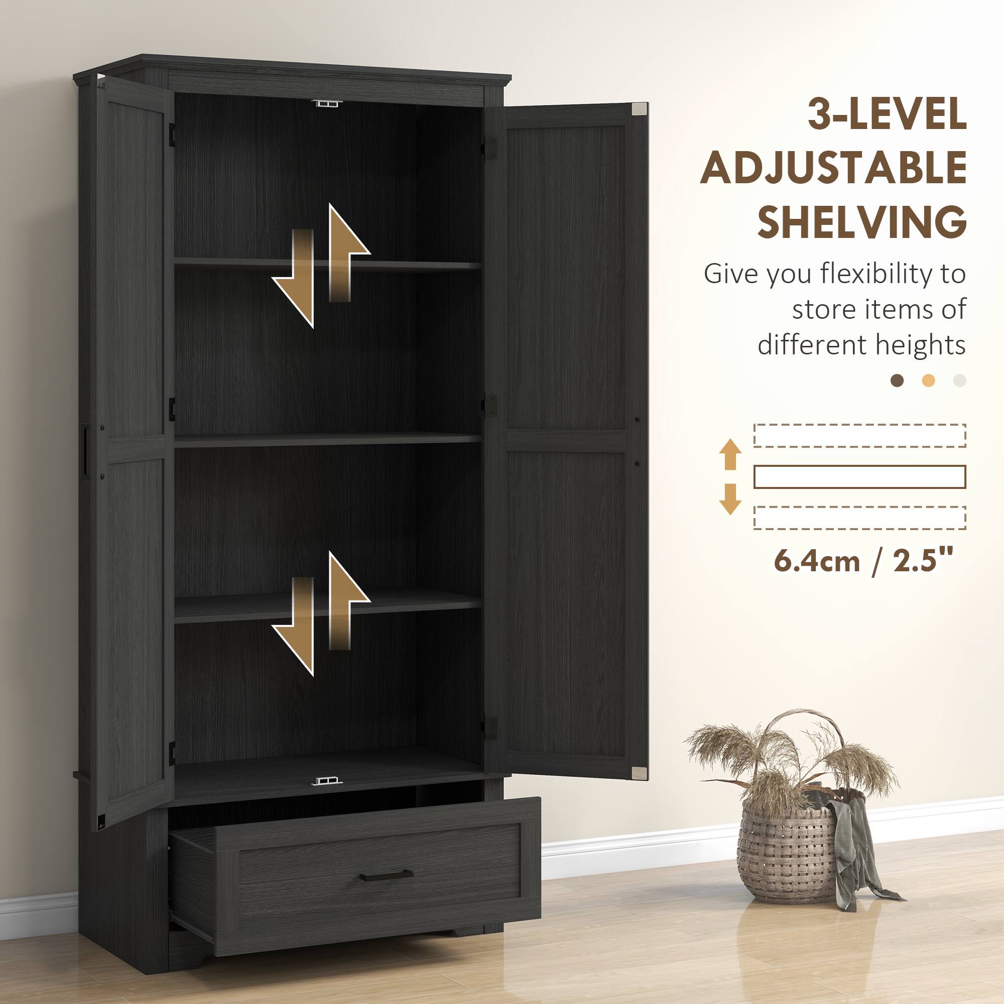 3-LEVEL ADJUSTABLE SHELVING, Give you flexibility to store items of different heights, 6.4cm / 2.5"