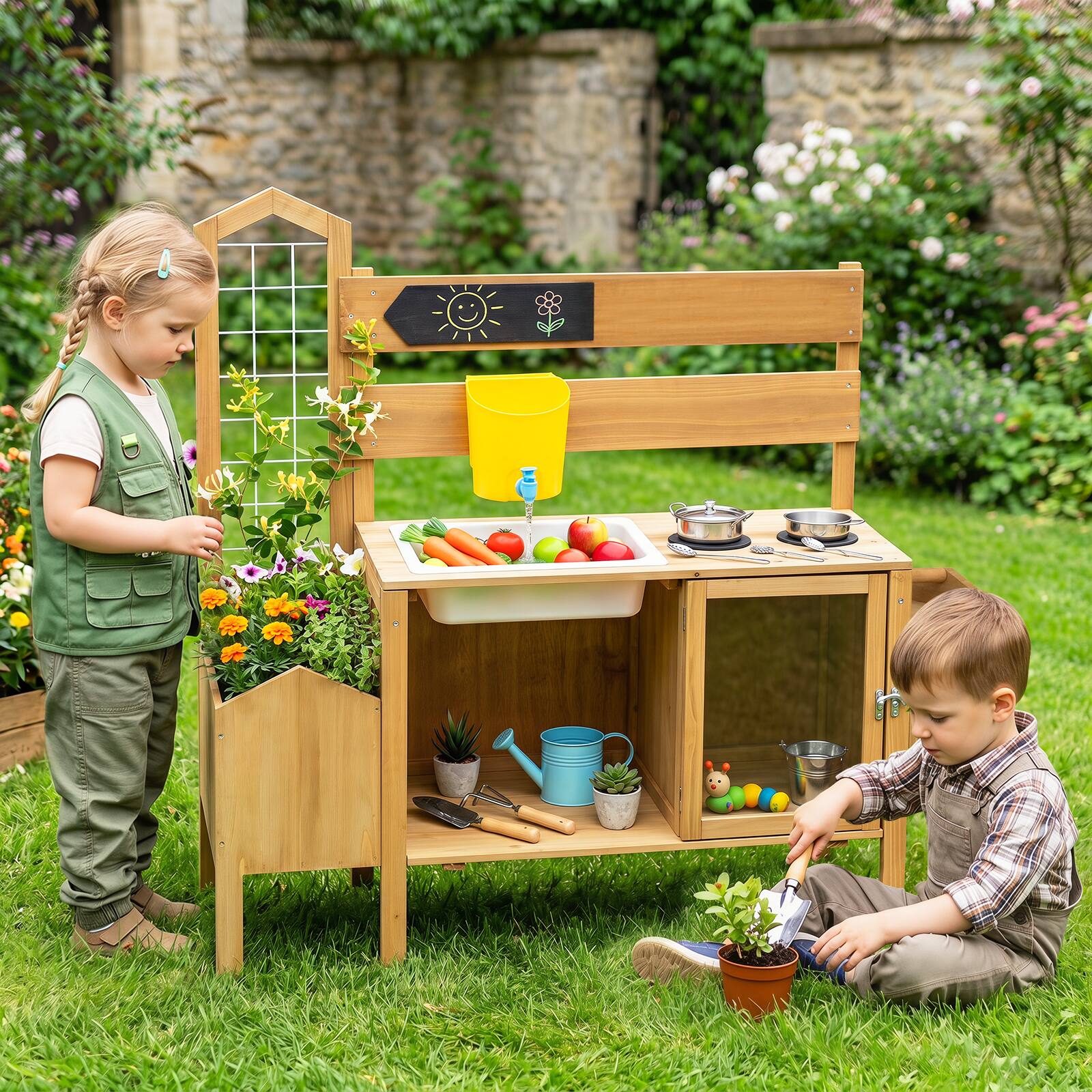 Alt View 3. Costway - Costway Mud Kitchen for Kids, Pretend Play Kitchen with Detachable Bird Cage,Trellis - Natural.