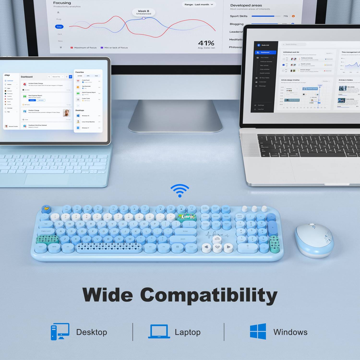 Focusing  
Productivity analytics  
Week 8  
Unbalanced  
41%  
Aug. 2021  
Maximum of focus  
Developed areas  
Sport Skills  
Blogging  
Leadership  
Meditation  
Philosophy  
Mamnat Phalosog  
Desbows  
Wide Compatibility  
Desktop  
Laptop  
Windows