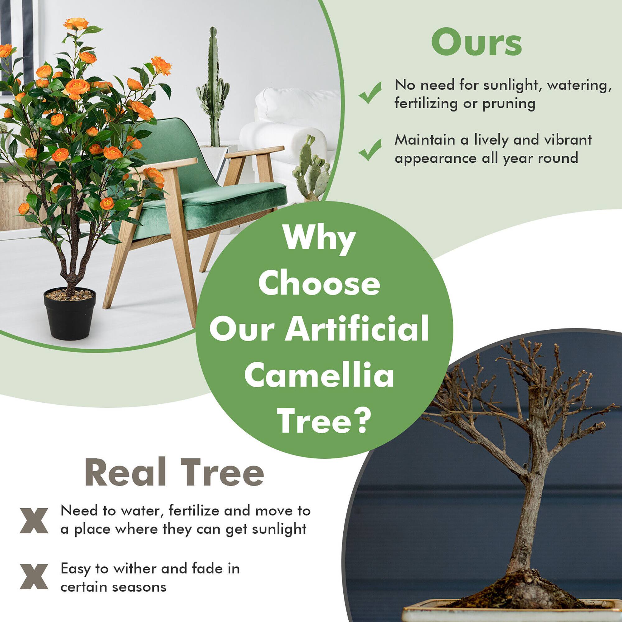 Why Choose Our Artificial Camellia Tree?

**Ours**
- No need for sunlight, watering, fertilizing or pruning
- Maintain a lively and vibrant appearance all year round

**Real Tree**
- Need to water, fertilize and move to a place where they can get sunlight
- Easy to wither and fade in certain seasons