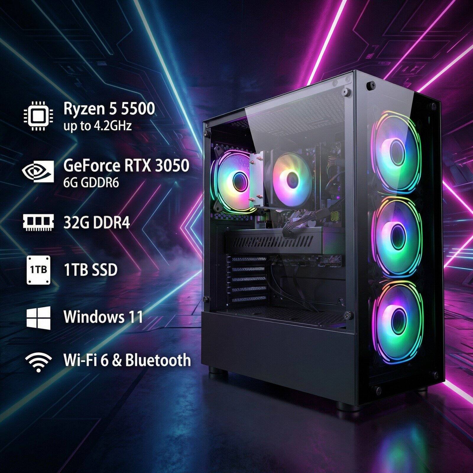 Ryzen 5 5500  
up to 4.2GHz  

GeForce RTX 3050  
6G GDDR6  

32G DDR4  

1TB SSD  

Windows 11  

Wi-Fi 6 & Bluetooth