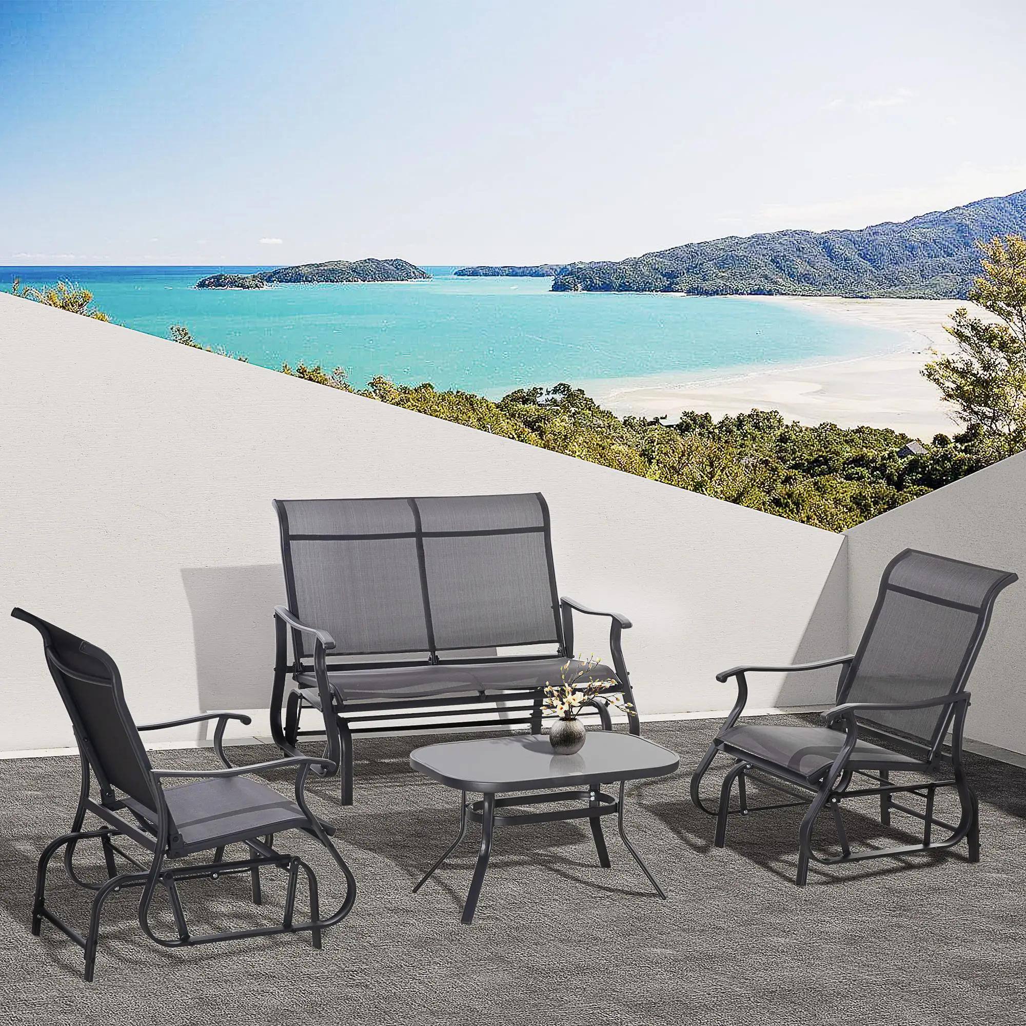 Left. Resenkos - Resenkos 4-Piece Patio Set, 2-Person Glider Bench, Single Sling Chair, Glass Coffee Table, Black - Black.