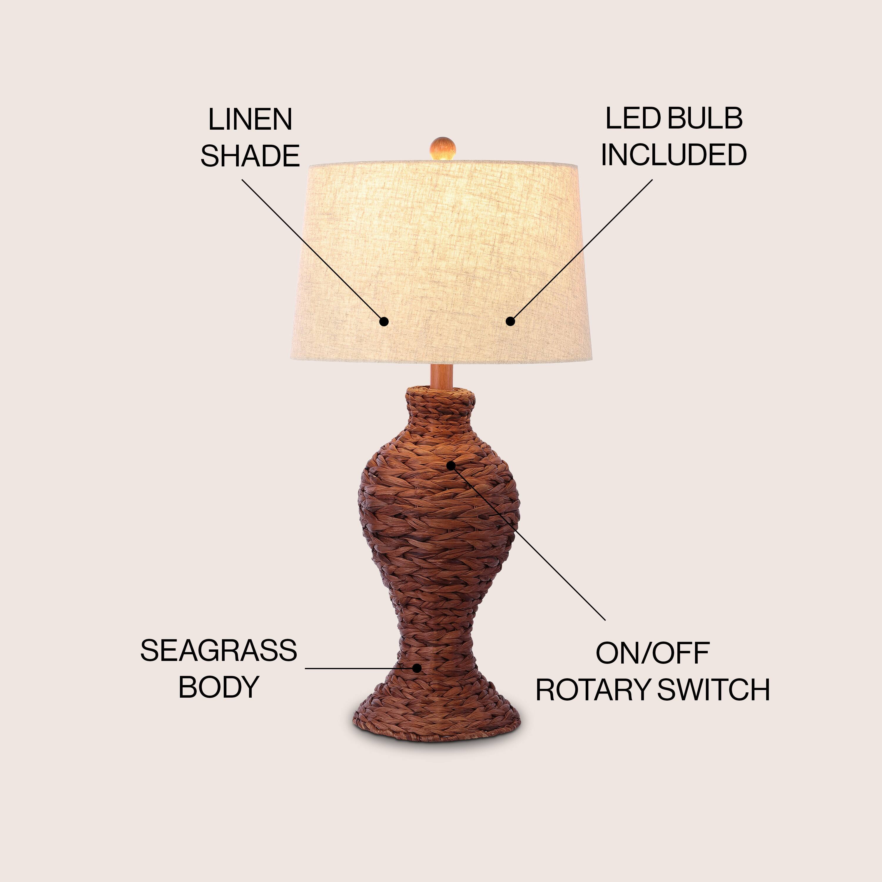 LINEN SHADE  
LED BULB INCLUDED  
SEAGRASS BODY  
ON/OFF ROTARY SWITCH