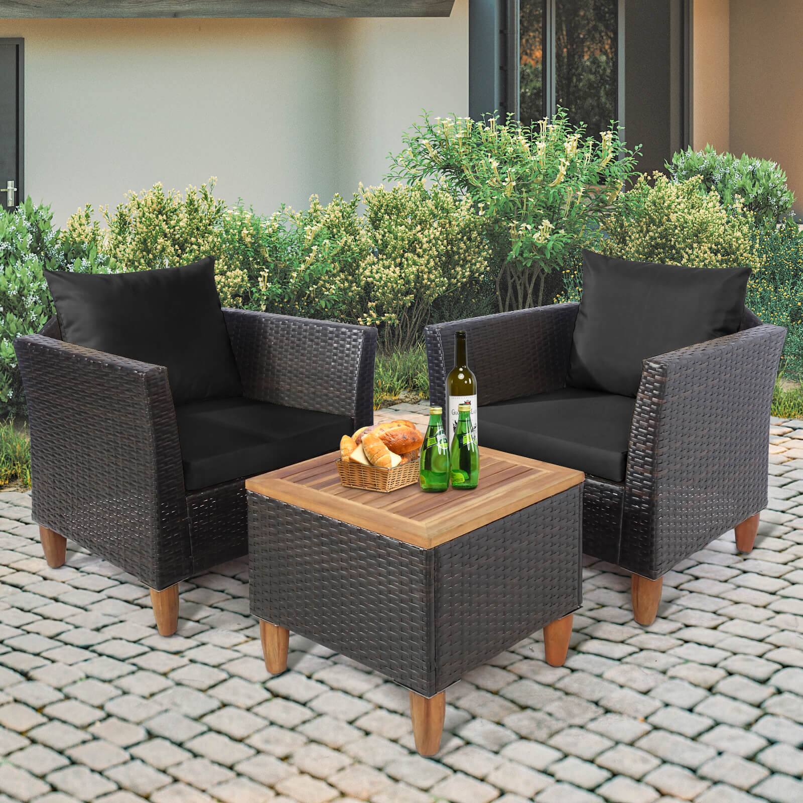 Alt View 3. Costway - Costway 3PCS Patio Wicker Rattan Sofa Set Furniture Outdoor Acacia Wood Conversation - Black.
