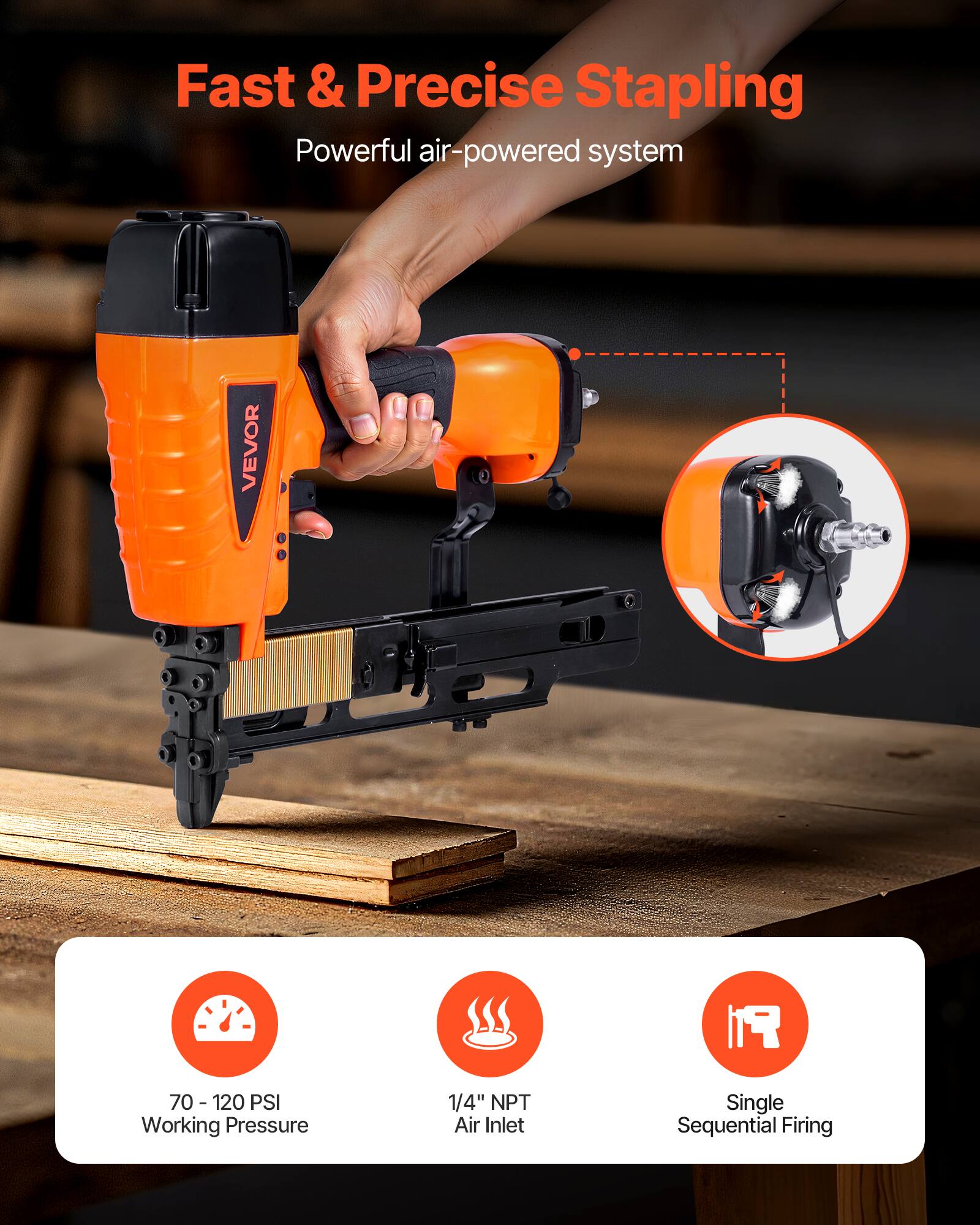 Fast & Precise Stapling  
Powerful air-powered system  

VEVOR 19 70 70  

- 70 - 120 PSI Working Pressure  
- 1/4" NPT Air Inlet  
- Single Sequential Firing