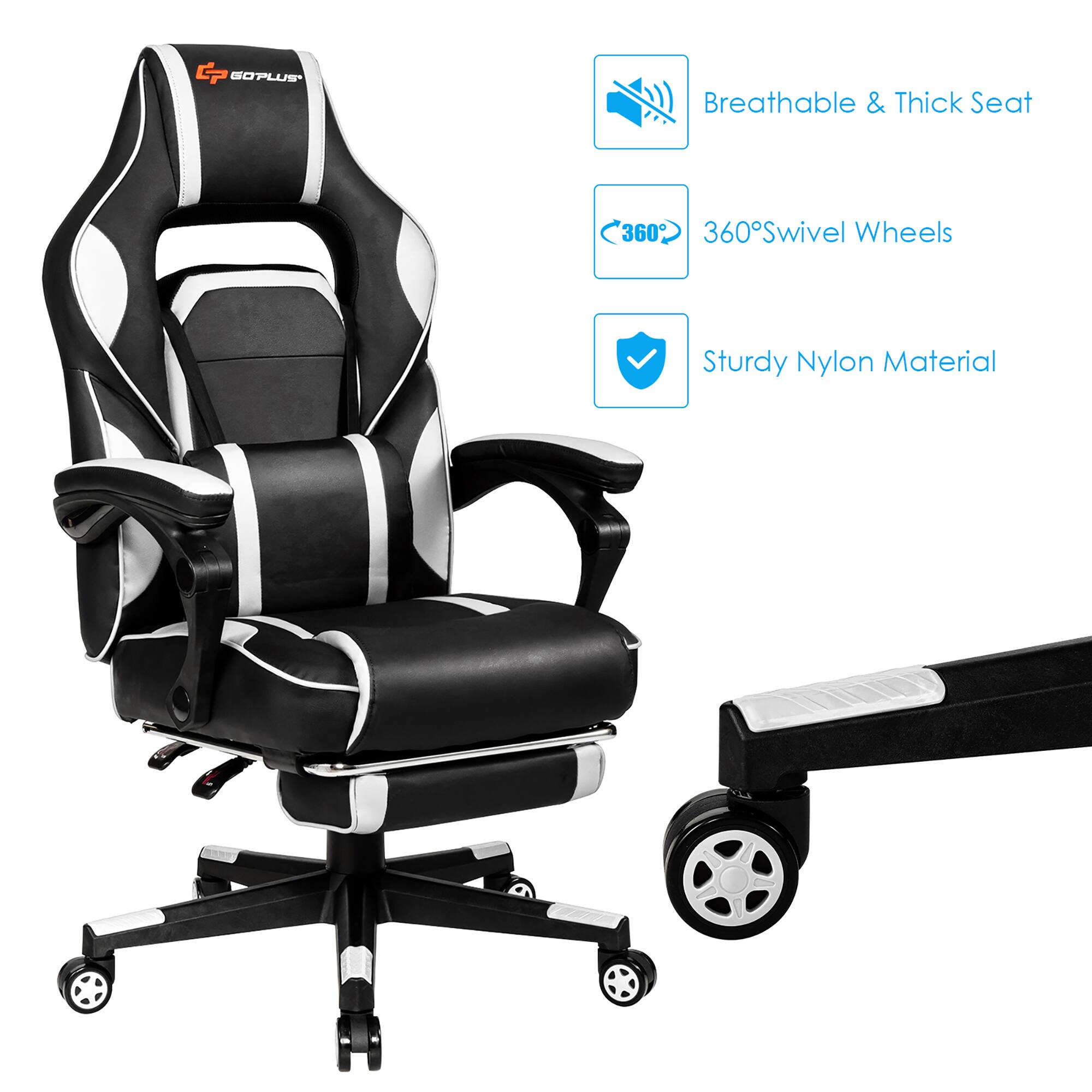 The image features a black and white chair with a breathable and thick seat. The chair has 360 swivel wheels, providing easy movement and comfort. The chair is made of sturdy nylon material, ensuring durability and long-lasting use.