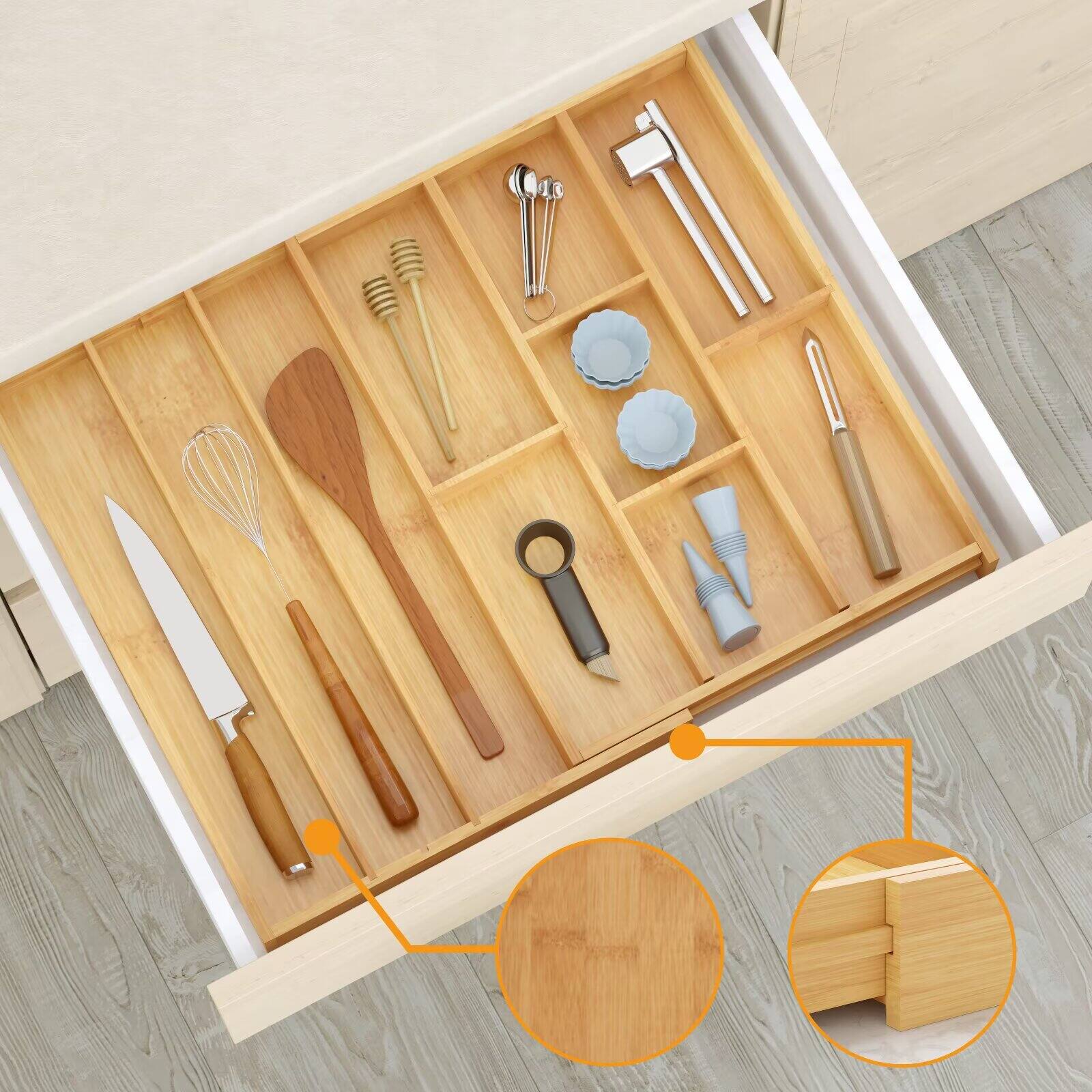 Alt View 1. Tooloton - Expandable Bamboo Drawer Organizer for Silverware, Cutlery, Spoons and Knives with Labels, Kitchen Utensil Storage Tray - Natural.