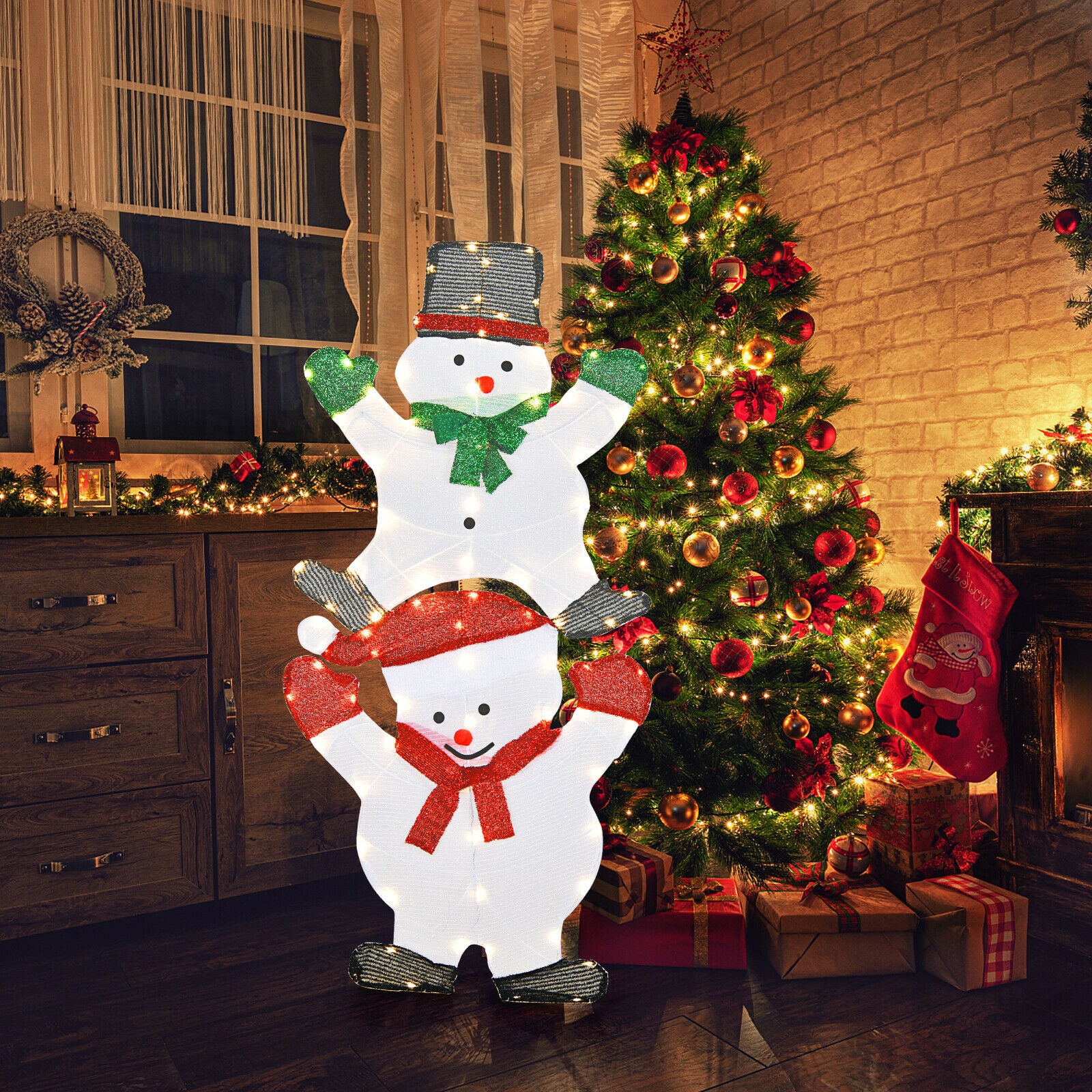 Costway Christmas Yard Sign 54" Snowman Xmas Decorations W/ Stakes & String Lights - Multicolor