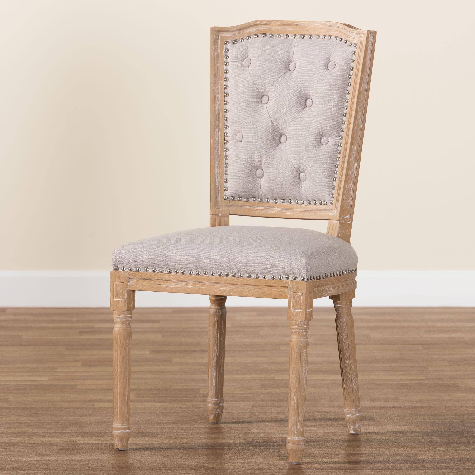 Alt View 5. Baxton Studio - Estelle French Country Cottage Weathered Oak Fabric Button-tufted Upholstered Dining Chair - Beige.