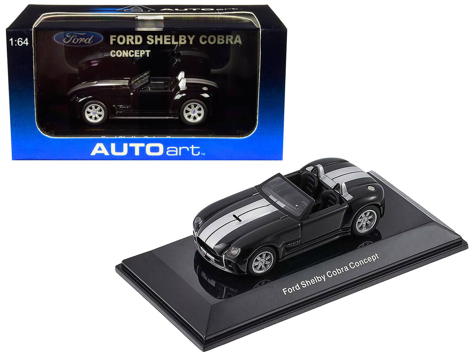 2004 Ford Shelby Cobra Concept Ebony Black Metallic with Bright Argent Silver Stripes 1/64 Model Car by Autoart