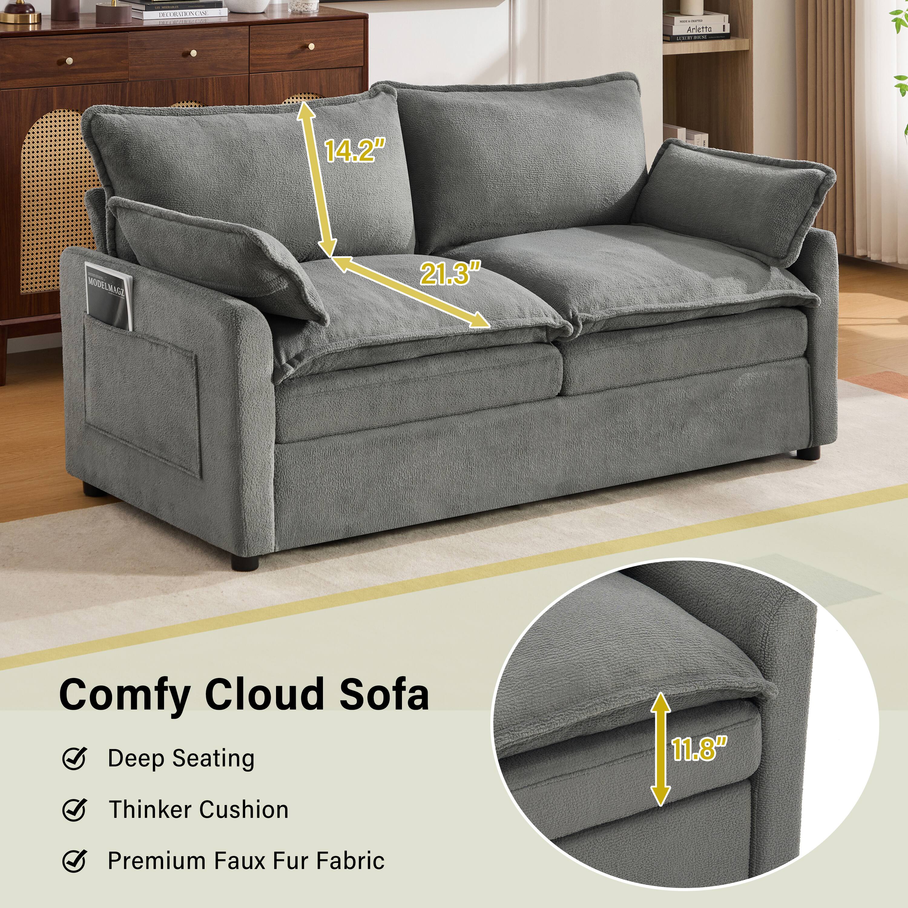 Comfy Cloud Sofa  
Deep Seating  
Thinker Cushion  
Premium Faux Fur Fabric  

14.2"  
21.3"  
11.8"