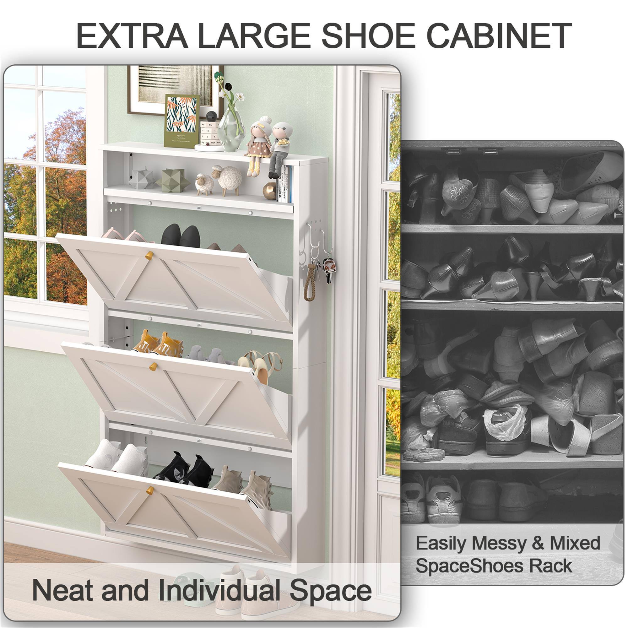 Boyel Living Metal Shoe Cabinet with 3 Flip Drawers Wall Mounted Shoe ...