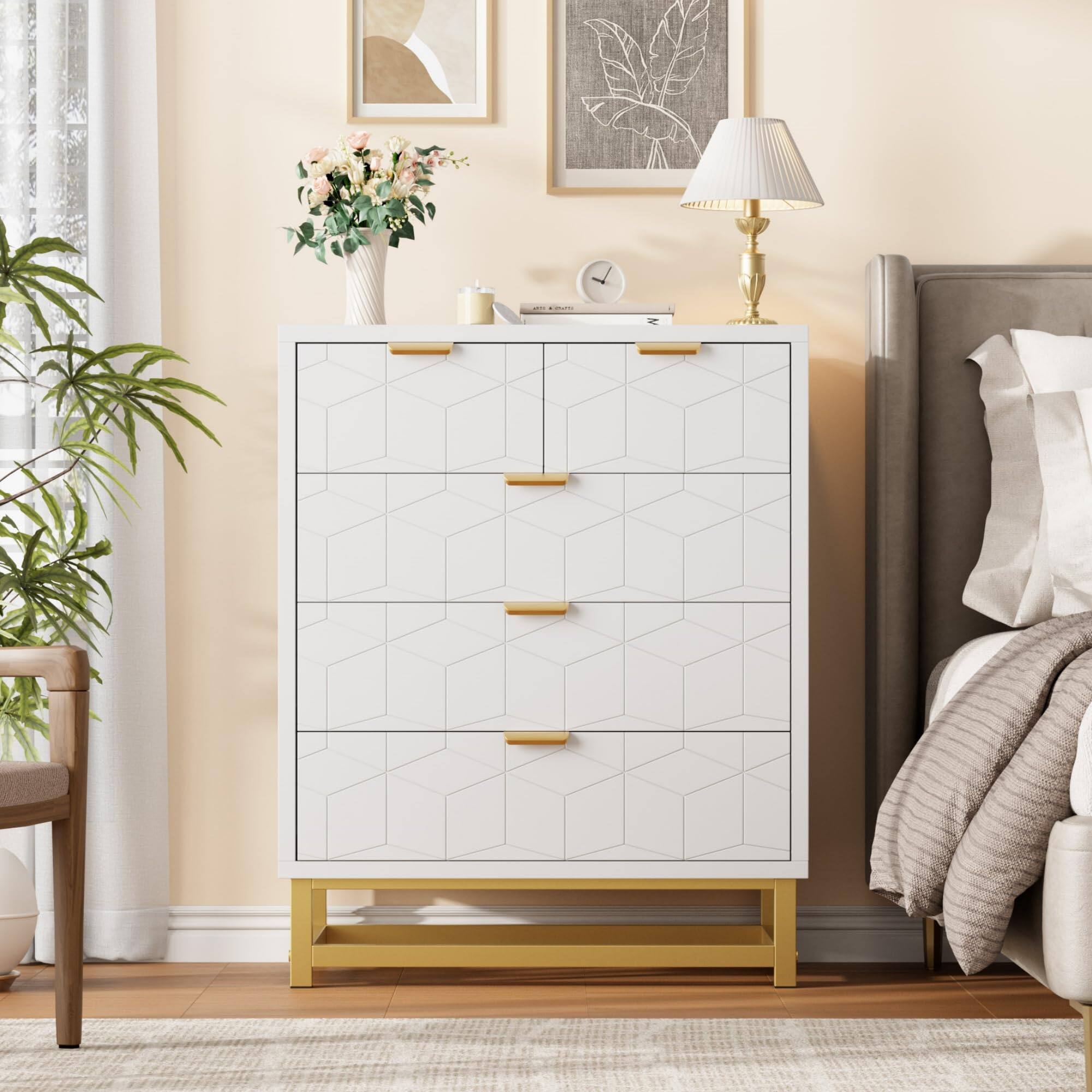 Back. Babevy - Modern 5-Drawer Dresser with Gold Handles, Wooden Chest for Bedroom or Living Room - White.