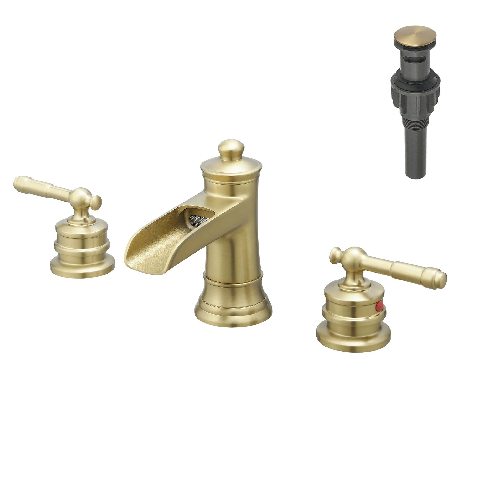 Front. Boyel Living - Classic 8 Inch Widespread Double Handle Brass Bathroom Faucet with Pop Up Drain and Water Supply Hoses in Brushed Gold - Brushed Gold.
