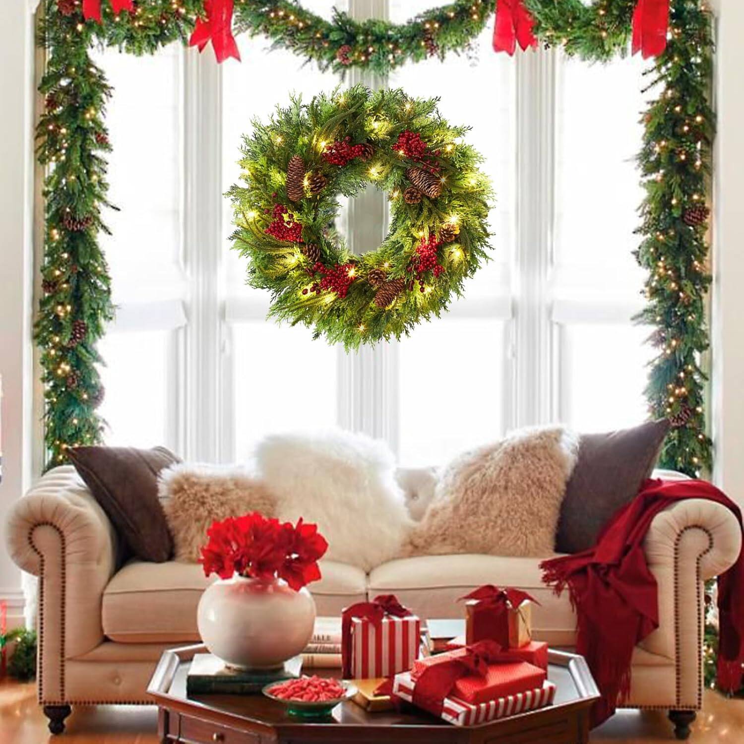 Alt View 5. Jojoka - 22 Inch Christmas Wreath Front Door Wreath Pre-Lit Xmas Wreath for Grand Entryway and Entrance Displays - Green.