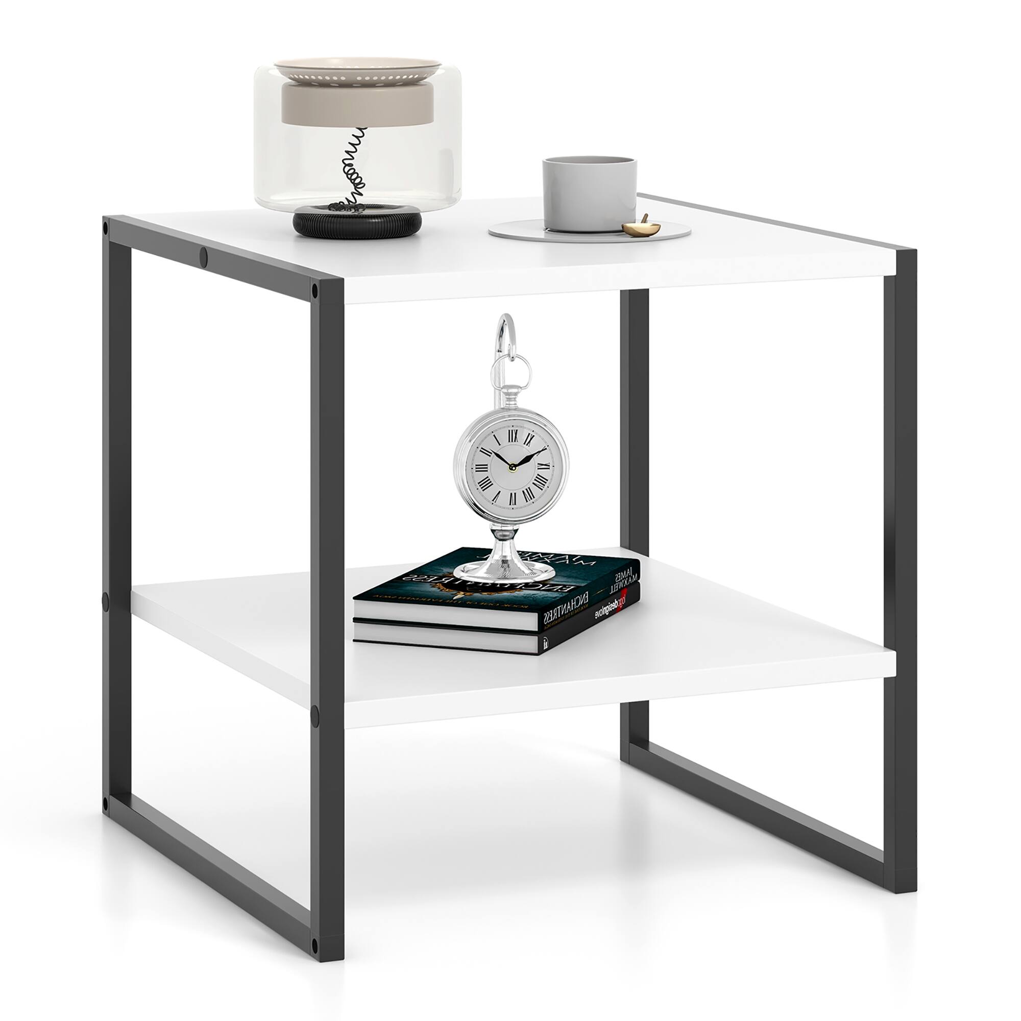 Gymax - 20'' 2-Tier End Table w/ Storage Shelf Reversible Design for Living Room - White, Black
