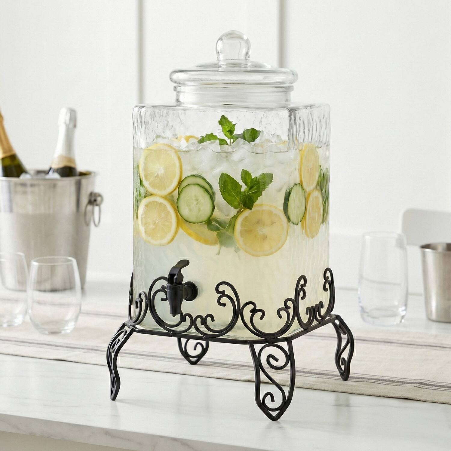 Left. Style Setter - Homestead Beverage Dispenser with Metal Stand 2.5 Gal - Clear.