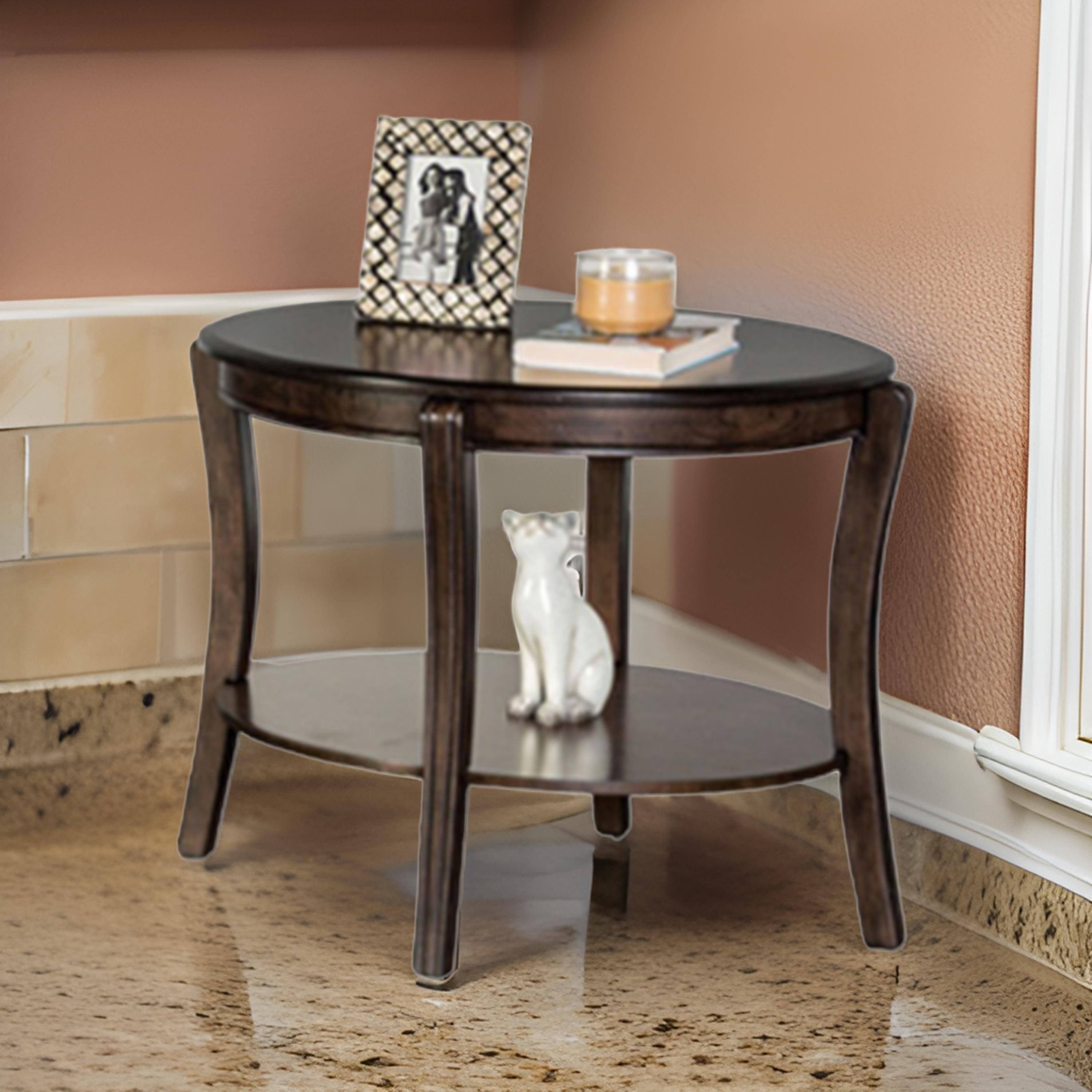 Alt View 5. Manhattan Lane - Orio Side End Table, Open Shelves, 31 Inch Oval Top, Curve Legs, Brown Wood - Walnut Brown.