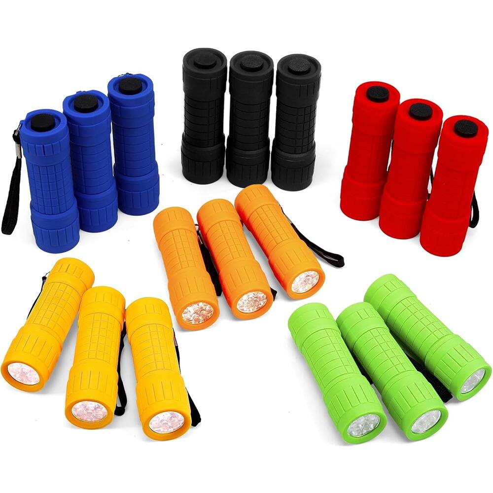 Front. ACJPR - Jeffbaubl 18-Pack Mini LED Flashlights – 9-LED, Assorted Colors, Lanyards Included.