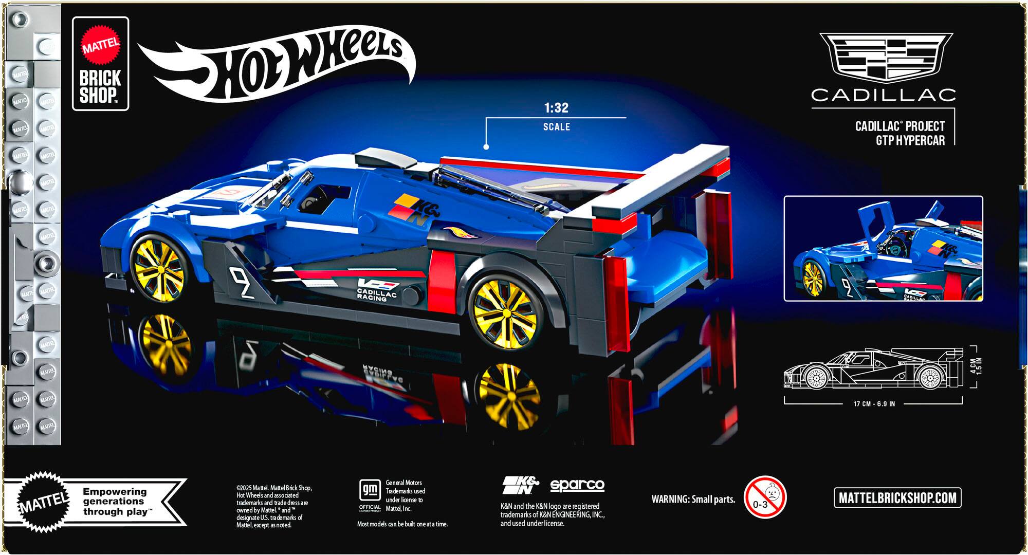 MATTEL, BRICK SHOP, Hot WHeeLS, 1:32 SCALE, CADILLAC, CADILLAC PROJECT GTP HYPERCAR, Empowering MATTEL generations through play, WARNING: Small parts, MATTELBRICKSHOP.COM