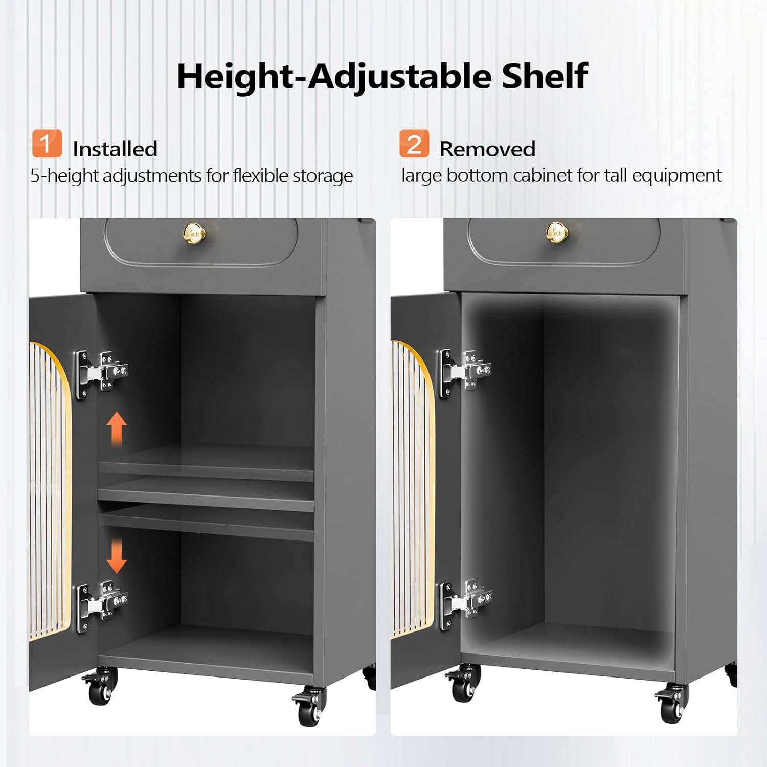 Height-Adjustable Shelf

1. Installed
   - 5-height adjustments for flexible storage

2. Removed
   - large bottom cabinet for tall equipment