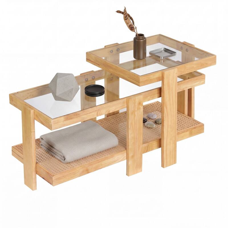 Left. WELLFOR - Set of 2 Boho Rattan Coffee Table, Wood Nesting Coffee Table Cocktail Tea Table for Living Room - Natural.